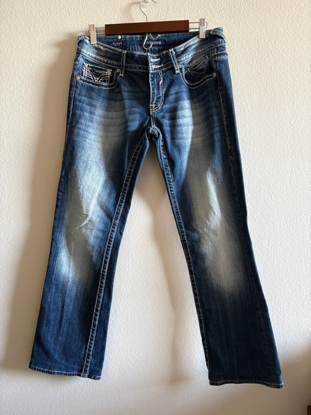 Vigoss The Chelsea Bootcut Jeans Blue Pockets & Wite Stitching Mid Rise 29 x 33